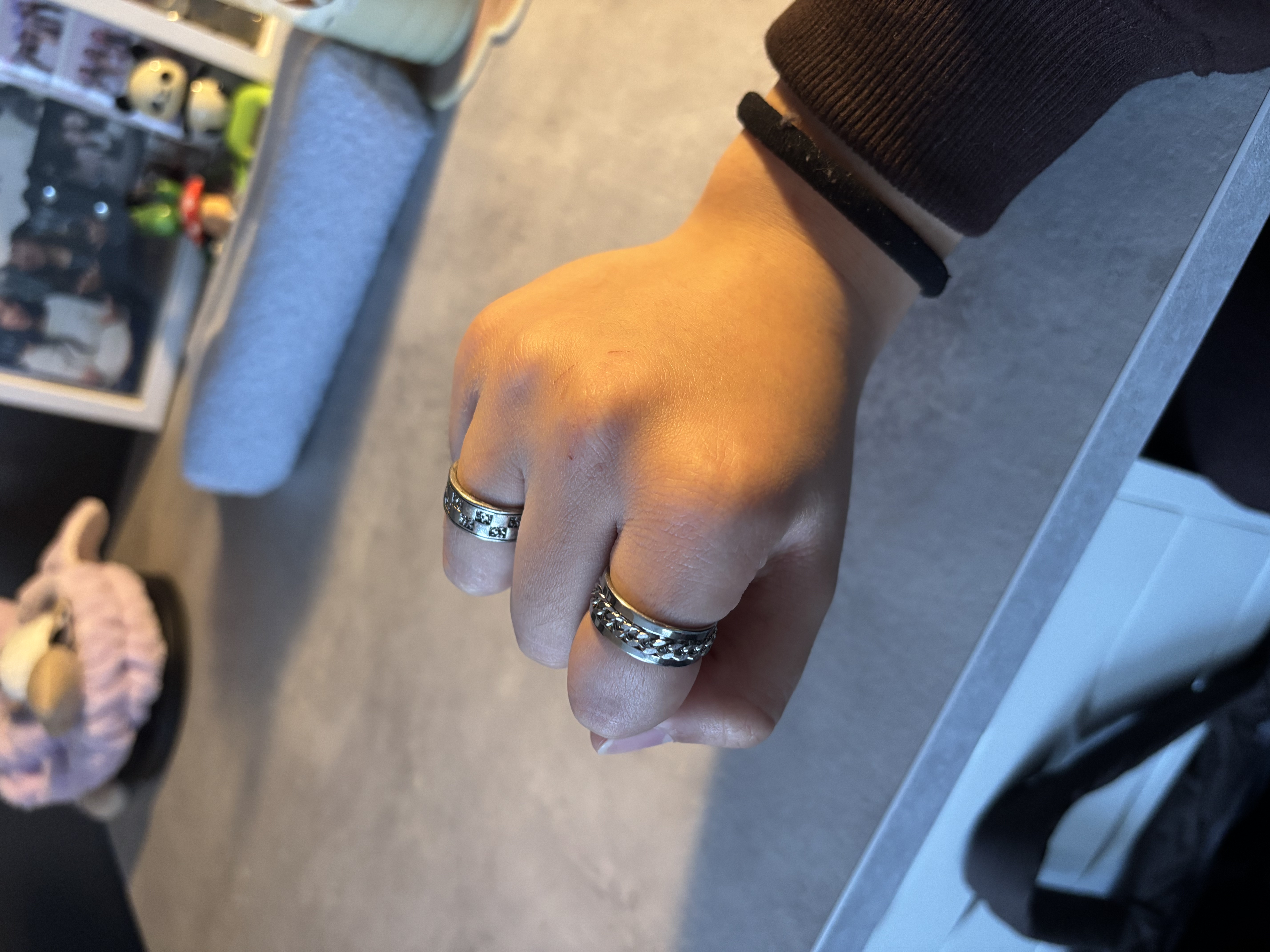 Wearable-interaction with rings and a stuffed toy. Copper tape and interactive thread is used to make the light turn on when the rings interact with the target that will be on the toy, made of copper tape.