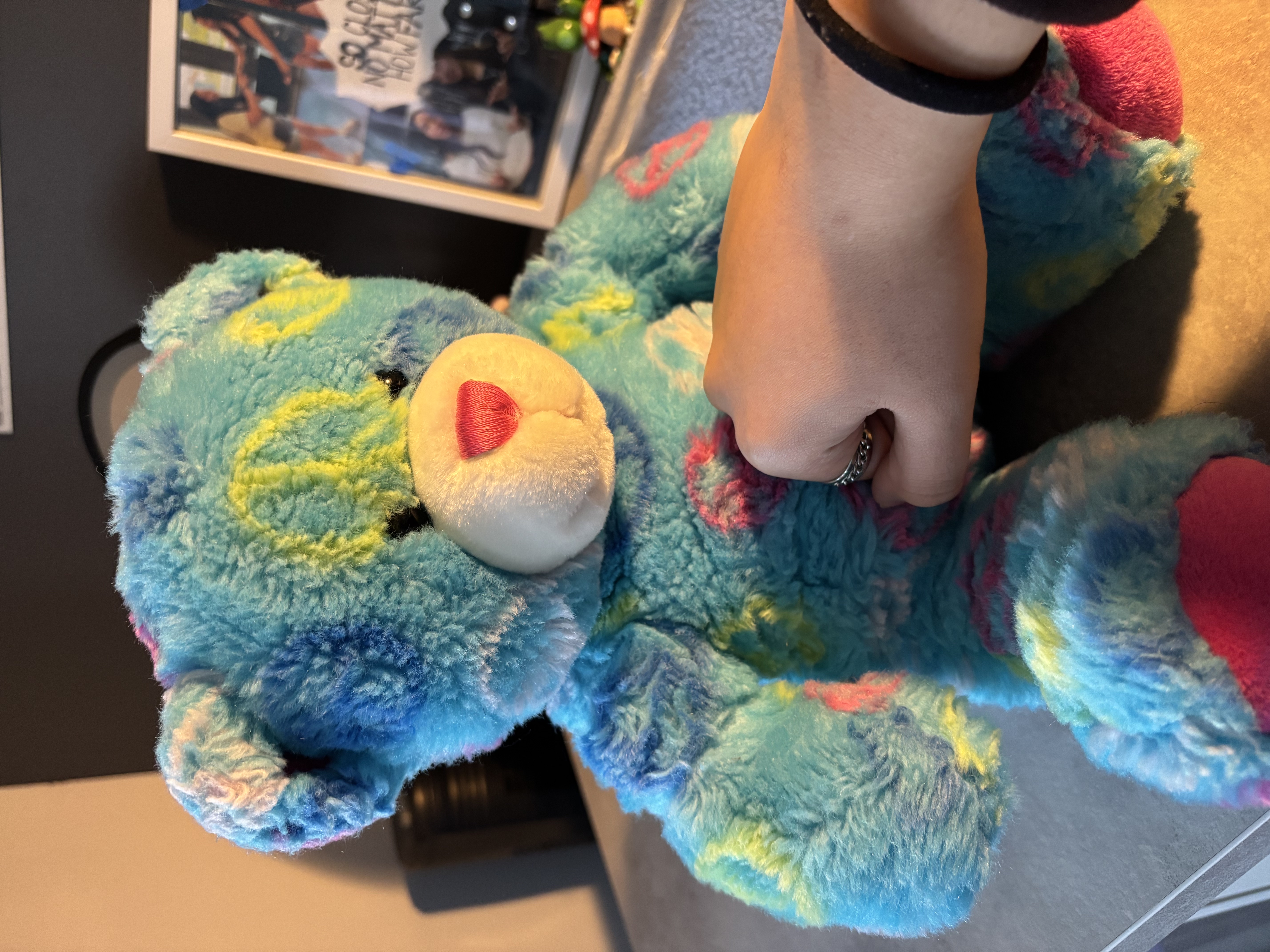 Wearable-interaction with rings and a stuffed toy. Copper tape and interactive thread is used to make the light turn on when the rings interact with the target that will be on the toy, made of copper tape.