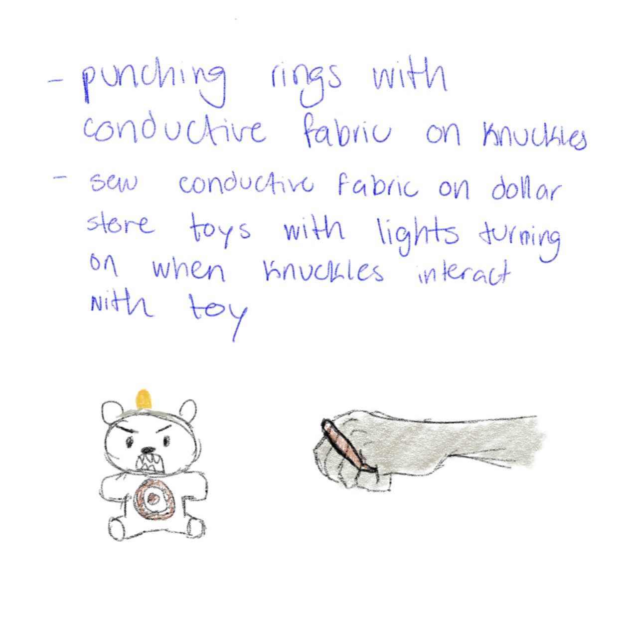 Wearable-interaction with rings and a stuffed toy. Copper tape and interactive thread is used to make the light turn on when the rings interact with the target that will be on the toy, made of copper tape.