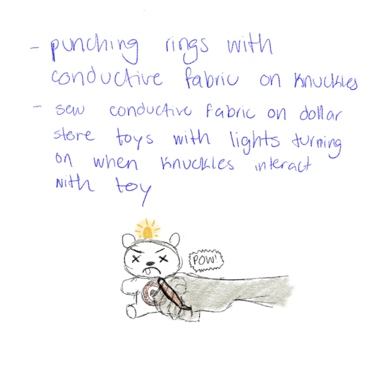 Wearable-interaction with rings and a stuffed toy. Copper tape and interactive thread is used to make the light turn on when the rings interact with the target that will be on the toy, made of copper tape.