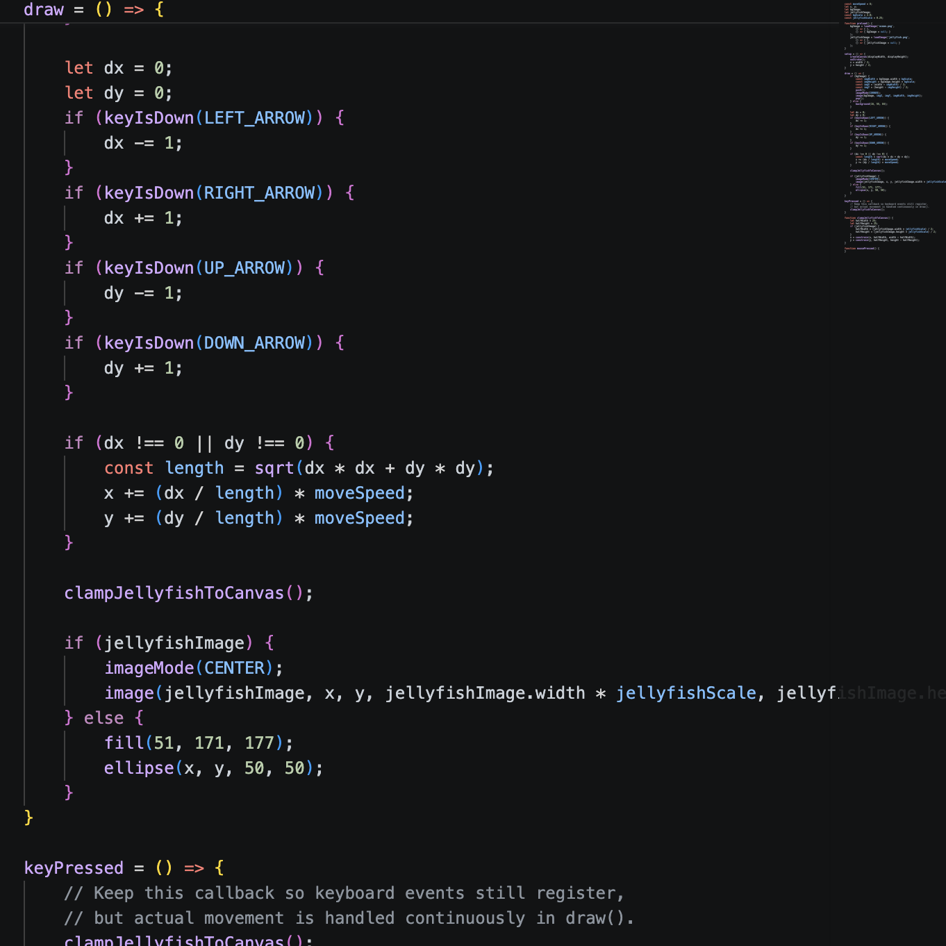 Jellyfish character swimming around the ocean controlled by the Makey Makey and/or the keyboard arrows.