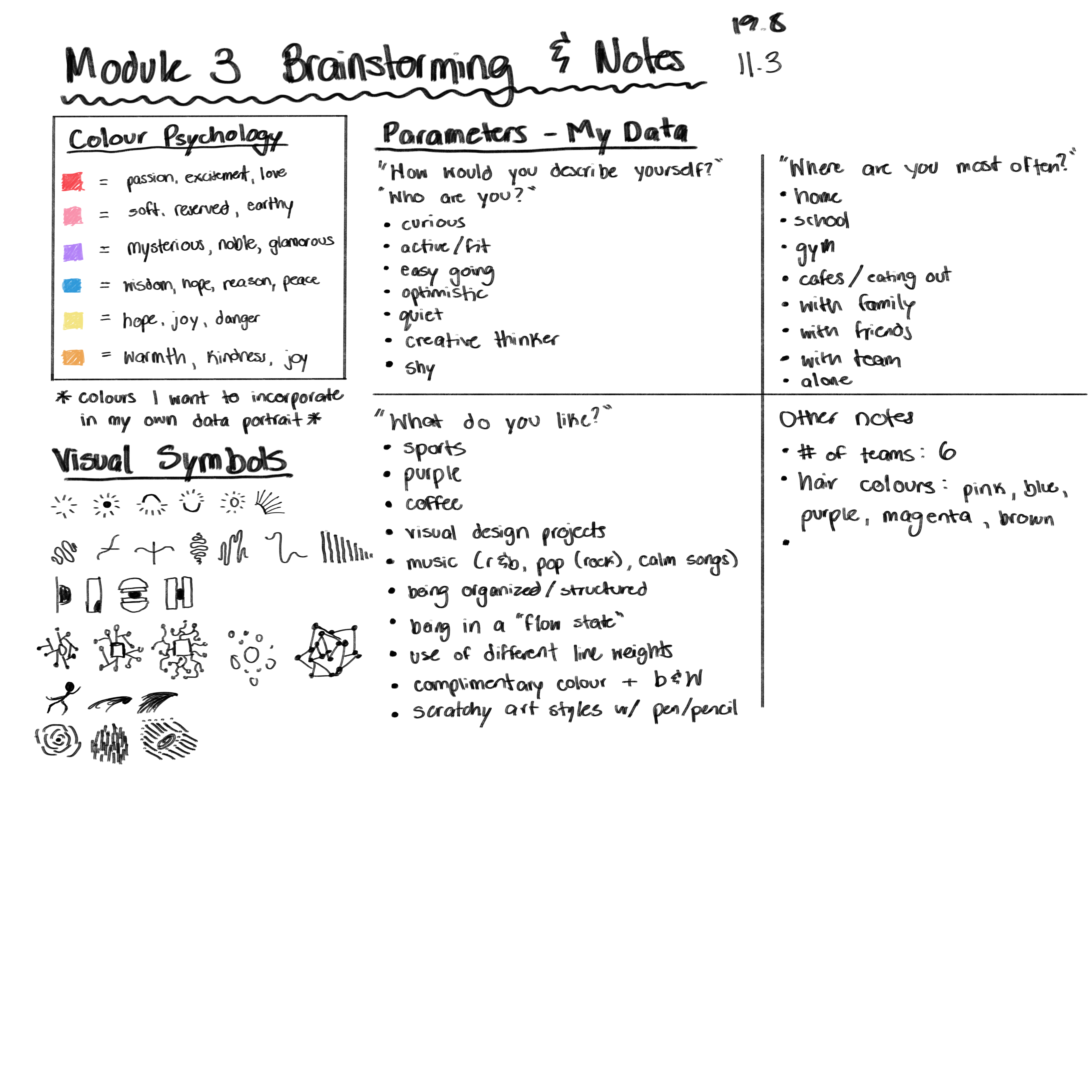 Brainstorming for self-guided personal data portraiture including colour psychology meanings, notes on my data with guiding questions, and potential shapes and line patterns/types to use.